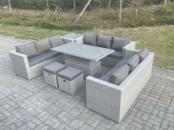 Fimous Rattan Gartenmöbel Set mit Sofa; Höhe verstellbar Esstisch und 2 Hocker;Beistelltisch;Outdoor Terrassen Essgruppe 7-teilige Sitzgruppe Helles Grau