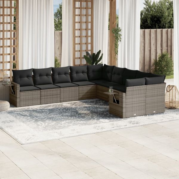 vidaXL 10-tlg. Garten-Sofagarnitur mit Kissen Grau Poly Rattan 3220709