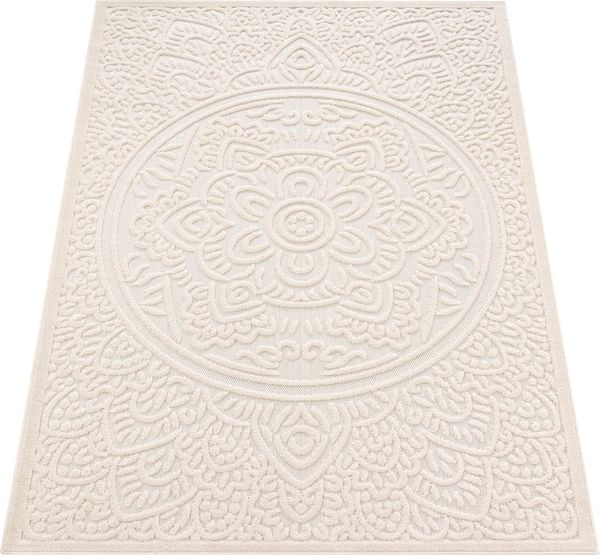 Paco Home Teppich In- & Outdoor, Moderne abstrakte Boho Designs mit 3D Struktur, robust & wetterfest, ideal für Terrasse Wohnzimmer & Küche, Grösse:60x100 cm, Farbe:Creme 3