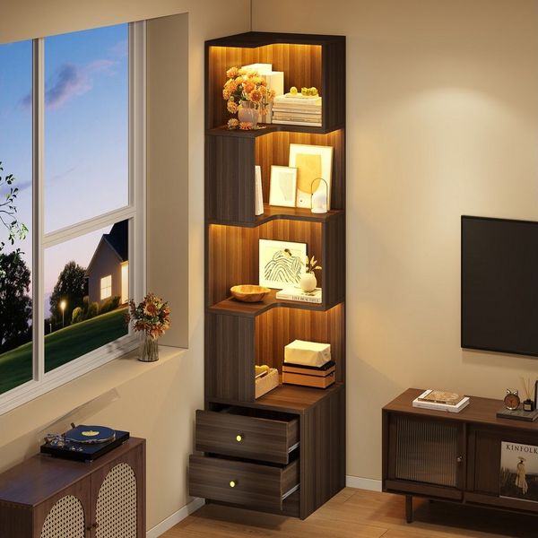 Flieks Bücherregal Standregal Eckregal mit LED-Beleuchtung und 6 Ebenen/5 Ebenen, B63,5/T45/H180 cm 1-tlg, Eckbücherregal mit 4 Fächer&2 Schubladen L-Form Hochschrank Nussbaum