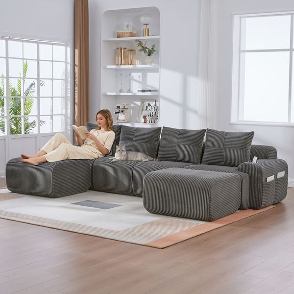 3-Sitzer Cordsofa, hohe Lehne, Seitentaschen, Metallfüße, Dunkelgrau