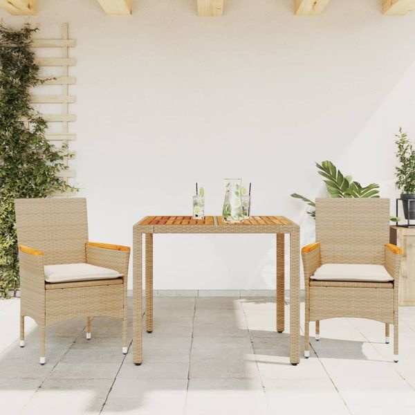vidaXL 3-tlg. Garten-Essgruppe mit Kissen Beige Poly Rattan Akazie 3278639