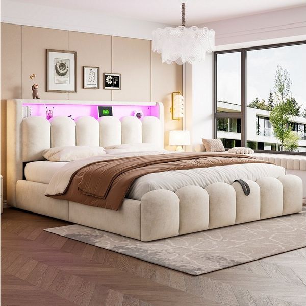 MODFU Polsterbett mit hydraulischem Stauraum (Doppelbett mit USB-C & LED-Beleuchtung, Stauraumbett 180x200 cm), ohne Matratze