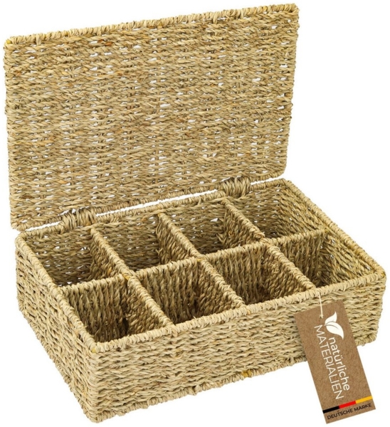 HMF Teebox Teebox für Teebeutel geflochten aus Seegras, Seegras, Tee Aufbewahrungsbox mit 8 großen Fächern, 33 x 21 x 10 cm