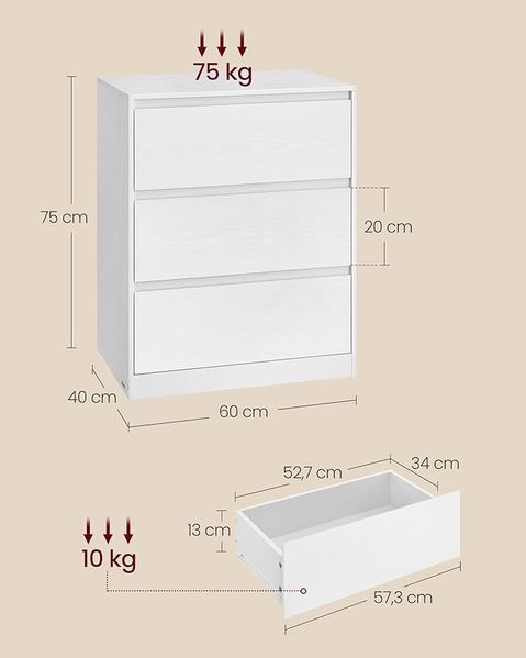VASAGLE Kommode, Aufbewahrungsschrank, mit 3 Schubladen, für Schlafzimmer, 40 x 60 x 75 cm, modern, weiß Bild 5