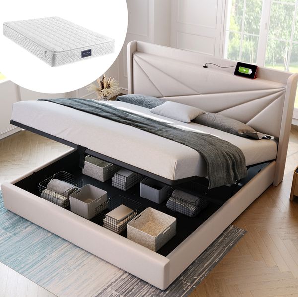 Polsterbett 140x200 cm mit Bettkasten, USB & Typ-C – Doppelbett in Beige mit Lattenrost und Matratze