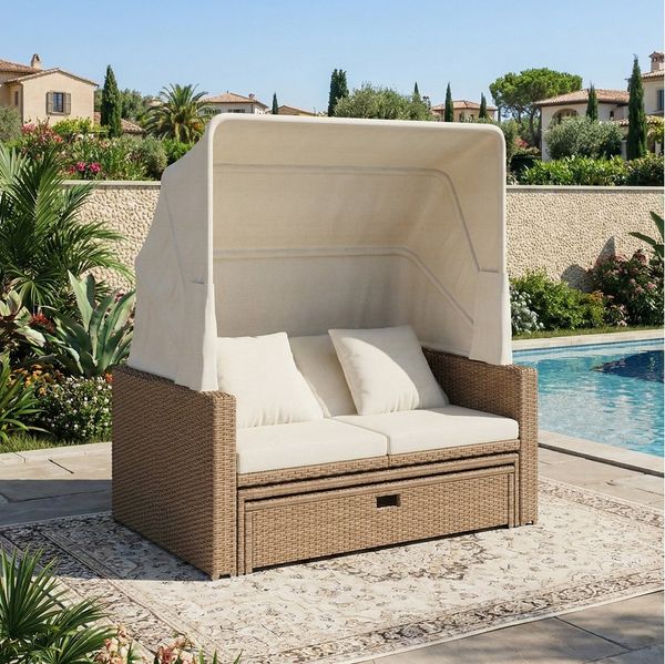 Flieks Gartenliege Gartenmöbel für 2-4 Personen, Polyrattan Gartensofa mit verstellbarem Couchtisch abnehmbarer Markise