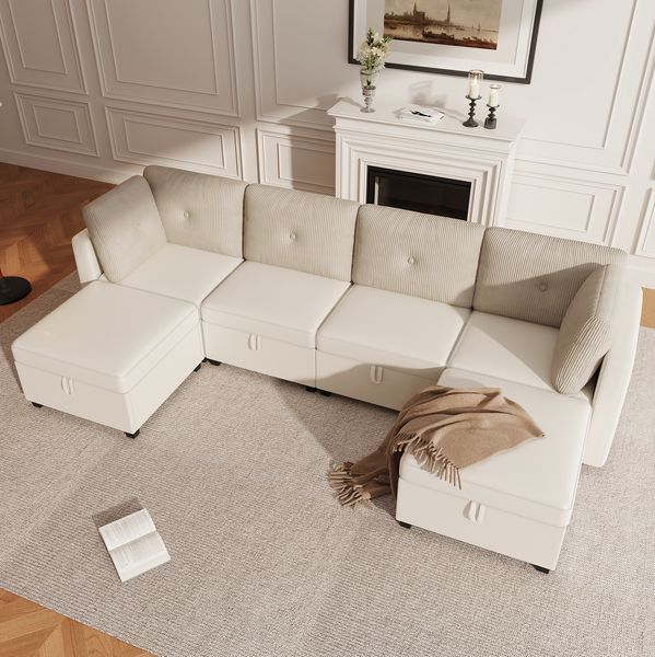 Modulares Sofa 261x132,5 cm mit Stauraum – 6 Module, Samt & Cord, flexibel als U- oder L-Form