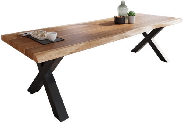 Esstisch Baumkante massiv Akazie Natur 260 x 100 X-Gestell schwarz ATLAS 140115788