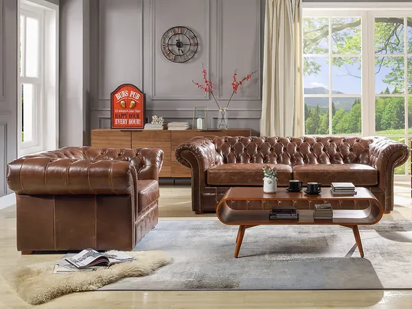 Vente-unique - Chesterfield Ledersofa 2-Sitzer - Vintage Leder - Braun - CLOTAIRE