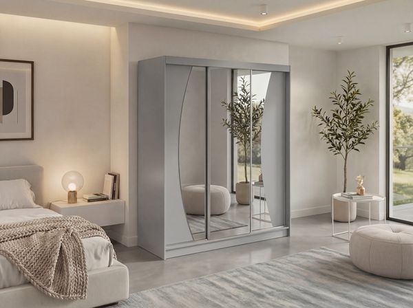 Schwebetürenschrank VERONA mit großer Spiegelfront, moderner Kleiderschrank, Breite 180 cm - Grau, inkl. Innenausstattung - mit Schubladen