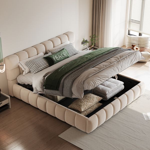 Polsterbett 140x190 cm, Kopfteil und Bettseiten mit voluminöser, Solider Formgebung, Ausgestattet mit hydraulischer Staufunktion, Matratze Eingebettet, Doppelbett, Samtstoff, Beige (Ohne Matratze)