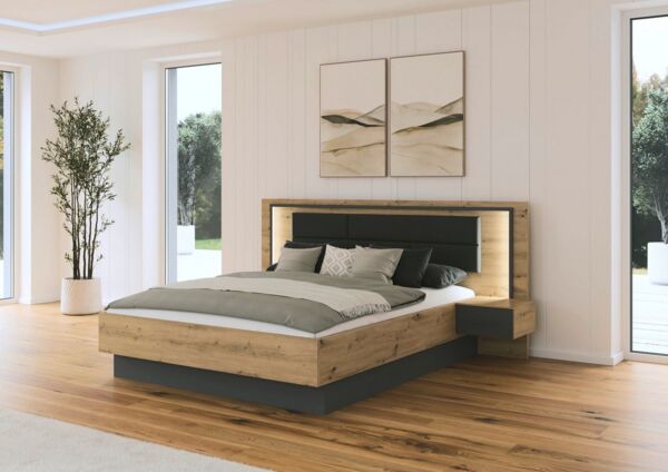 rauch Bettanlage Bett Doppelbett Komortbett BILBAO-EXTRA, (Set, 3-tlg, Liegefläche 160x200 oder 180x200 cm), Polster-Kopfteil in Lederoptik basalt, mit Beleuchtung MADE IN GERMANY