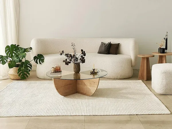 Vente-unique - AYSUN Couchtisch Holz, PlatteGlas TransparentBeige - B 90 cm x H 30 cm x L 90 cm