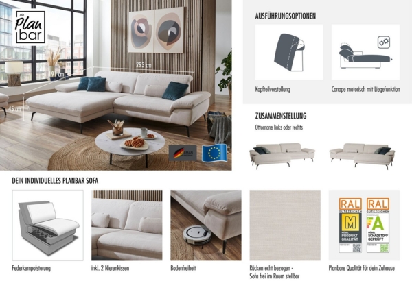 Die PlanBar Ecksofa MP-IN22025 L-Form, mit Kopfteilverstellung, wahlweise mit motorischem Canape Bild 2