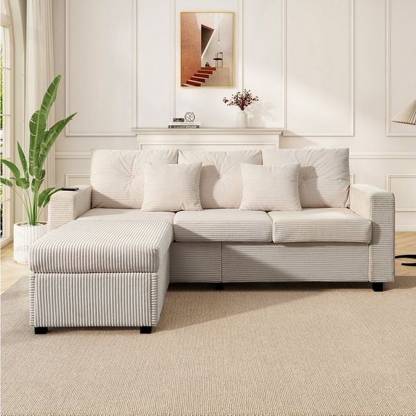 Merax 3-Sitzer L-förmiges Sofa mit LED-Beleuchtung, Wolkenweiches Sitzgefühl, Modulares Design, Cordstoff 1 Teile, 3-Sitzer Sofa mit Extra großer Ottoman, Seitentaschen & 2 Zierkissen