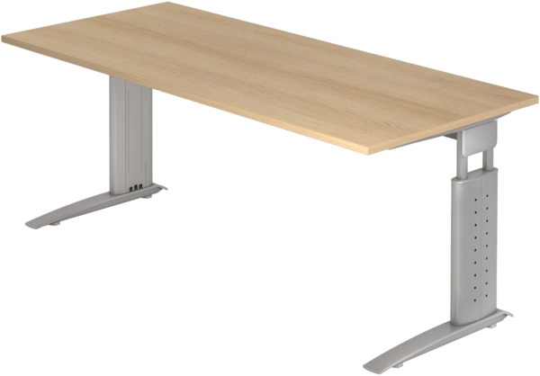 bümö höhenverstellbarer Schreibtisch U-Serie 180x80 Eiche, Gestell in Silber - großer PC Tisch für's Büro manuell höhenverstellbar, Computertisch verstellbar, US-19-E-S