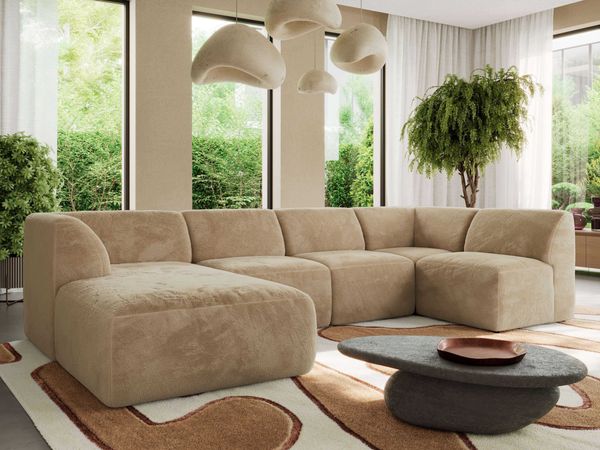 Modulares XXL-Ecksofa MODARO 5M, U-Form, Wohnlandschaft, 5-teilig, freistehend, Wohnzimmer Couch, HR-Schaumstoff - Beige Plüsch - Links