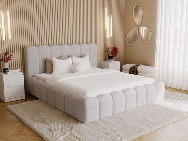 GRAINGOLD Smile Doppelbett 120x200, mit hohem Kopfteil, Bettkasten, Bouclé-Stoff, Hellgrau