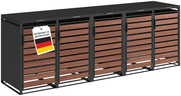 STEELSØN 'Kestra' Mülltonnenbox für 5 Tonnen je 240 Liter, graphitschwarz mit Nußbaum-Holzoptik, Mülltonnenverkleidung aus Stahl, wetterfest, 116x80x337 cm