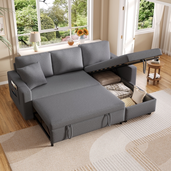 Sofa Schlafsofa Sitzfläche 219,5x142,5x83 cm, Leinen Dunkelgrau, wechselbare Chaiselongue mit Stauraum