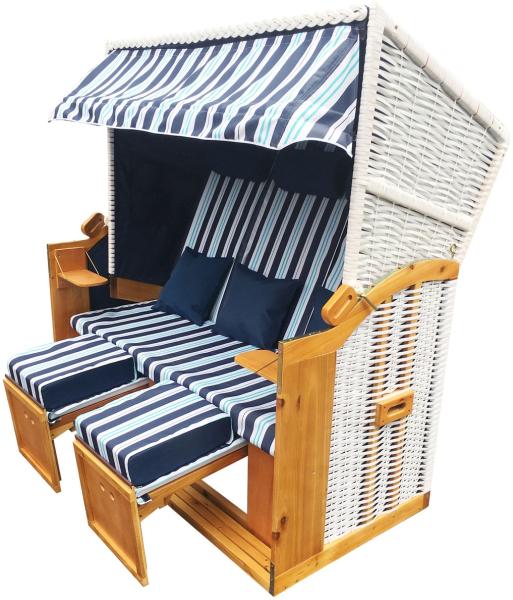 BRAST Strandkorb Ostsee 3-Sitzer 160cm breit Hellblau gestreift XXL Volllieger incl. Schutzhülle Gartenliege Sonneninsel Poly-Rattan