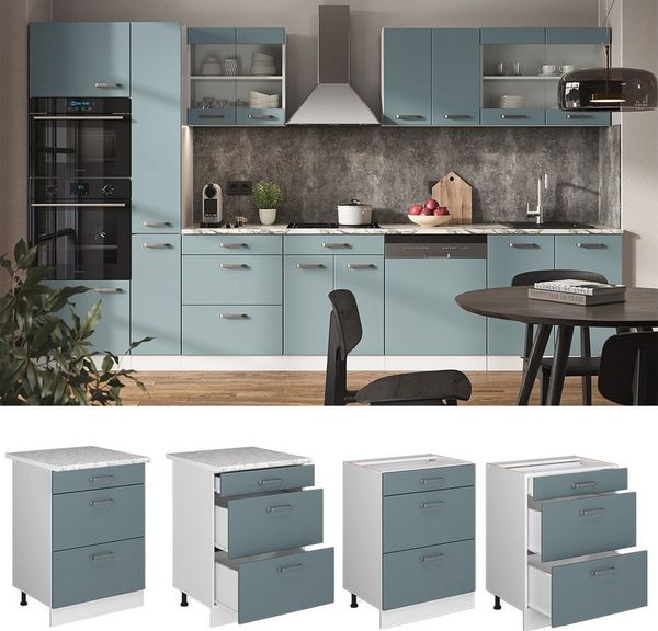 Küchenunterschrank R-Line Blau-Grau 60 cm mit Schubladen, ohne Arbeitsplatte Vicco Bild 2