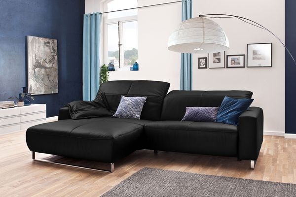 KAWOLA Sofa YORK Leder Life-line schwarz Rec links Fuß Metall Chrom matt mit Sitztiefenverstellung 85 x 111 x 284 cm