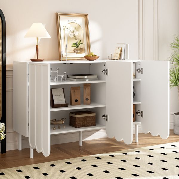 Sideboard weiß 120 x 35 x 80 cm aus MDF mit Wellentüren, grifflos & verstellbaren Böden
