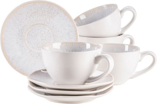 Kaffeetassen Set mit Untertassen für 4 Personen aus schöner Keramik, Cappuccinotassen mit gesprenkelter Glasur, organische Formen im Vintage Look; Weiß