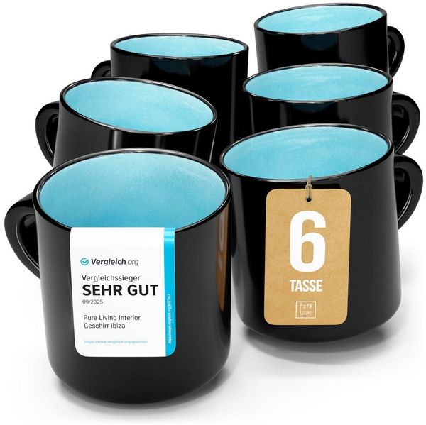 Steingut kleine Tassen 6 Pers. Ibiza Hochwertiges Mediterranes TEST SEHR GUT Tassen Set, Spülmaschinen-, Mikrowellen- und Kratzfest - Stylisches Tee- und Kaffeebecher Set - Pure Living in Aquamarin