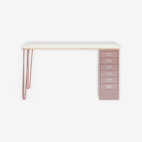 MultiDesk, 2 Stahlfüße, 1 MultiDrawer mit 6 Schüben, Dekor Plywood, Farbe Pastellpink, Maße: H 740 x B 1400 x T 600 mm