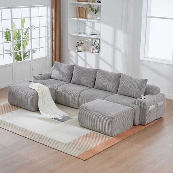 Modulsofa aus Cord 333x174x80 cm mit Cupholder & Seitentasche, hellgrau