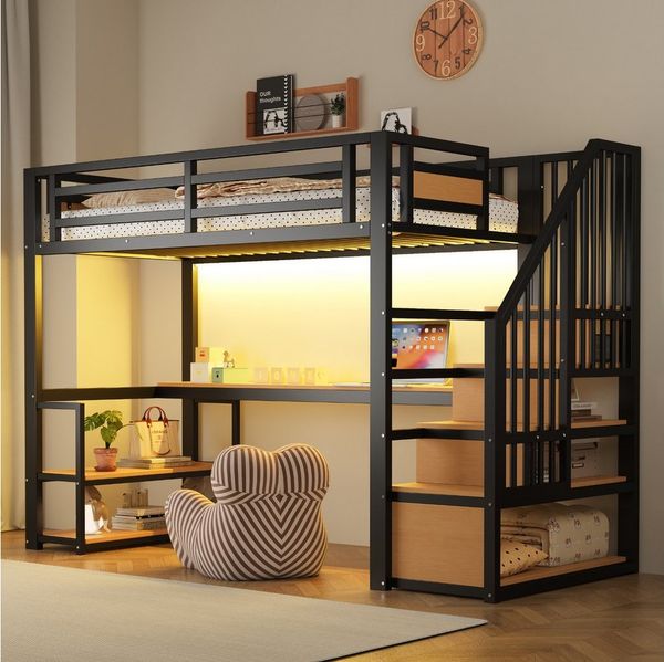 Flieks Hochbett Metallbett 90x200 cm mit Stauraumtreppe, Regale und Schreibtisch