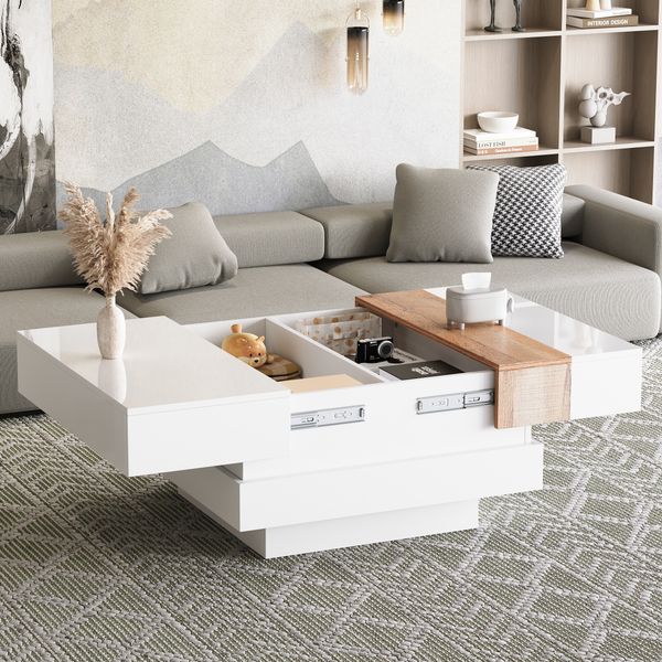 Beistelltisch, hochglanz mit ausziehbarer Tischplatte, Quadratischer Couchtisch mit verstecktem Stauraum und Trennwänden, Weiß + Primärfarbe, 70 x 70 x 39cm