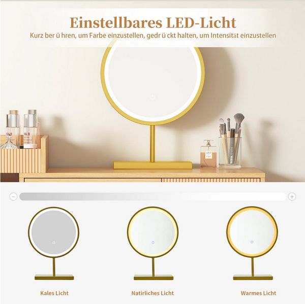 Merax Schminktisch mit Schubladen und offenen Fächern, Kosmetiktisch mit LED-Spiegel, Friesiertisch mit Highboard