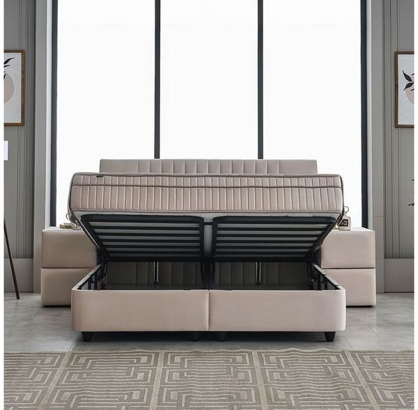 abc bedding Boxspringbett Komfortbett CLARA in Braun Beige Samt-Stoff (Bett mit Topper, inkl. Matratze und Topper), Voll-orthopädisches Schlafsystem inklusive Bettkasten