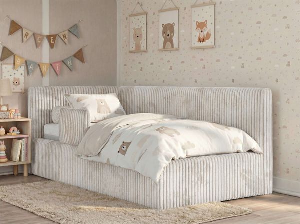 Kinderbett, Polsterbett 90x200 TILVO ALTA mit Rausfallschutz & Bettkasten, Gasdruckfeder-Lift, inkl. Lattenrost, Matratze wählbar - Beige Cord - VIRE LUX - Links Seite