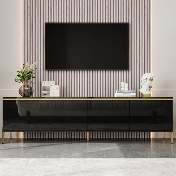 TV-Schrank 170x38x50 cm, Schwarz Hochglanz, 4 Türen, Kabeldurchführungen, Metallfüße