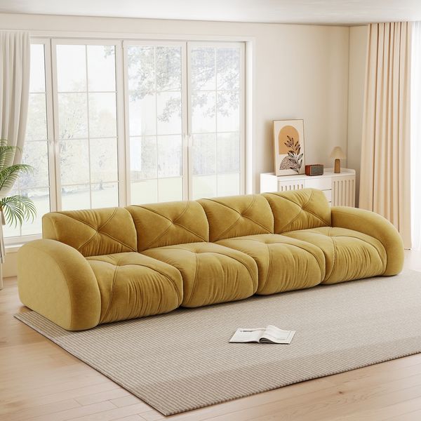 Sofa in Gelb aus Chenille, rahmenloses Modulsofa mit 32D-Schaumstoff und flexiblem Lounge-Design,76x358x95 cm