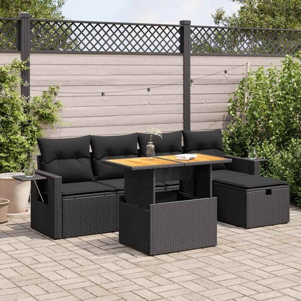 vidaXL 6-tlg. Garten-Sofagarnitur mit Kissen Schwarz Poly Rattan 3328021