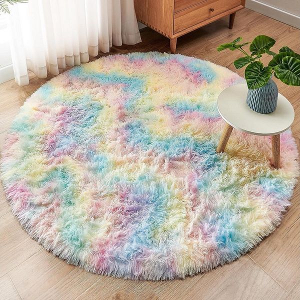 ROHATIM Kinderteppich Flauschiger Plüschteppich Rund Regenbogen 100 x 100 cm