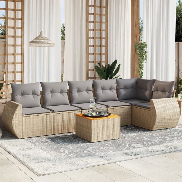 vidaXL 7-tlg. Garten-Sofagarnitur mit Kissen Beige Poly Rattan 3225016