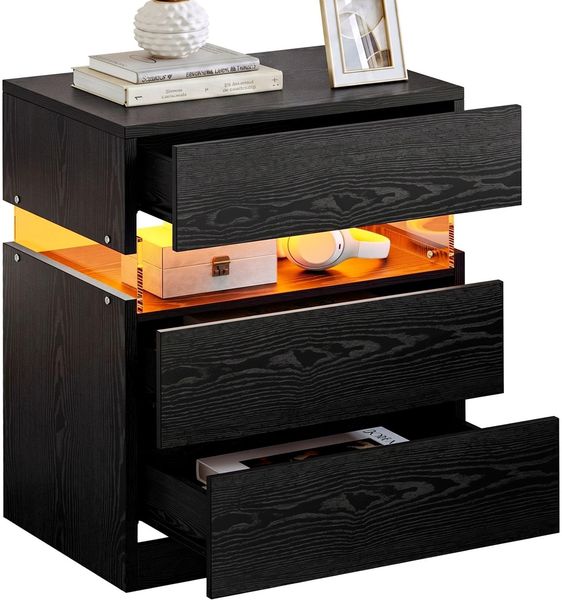 IRONCK Nachttisch Beistelltisch mit breiterer Tischplatte, 3 Schubladen, LED-Beleuchtung, Modern Nachtschrank für Schlafzimmer, Wohnzimmer, 37 x 50 x 61H cm, Schwarz