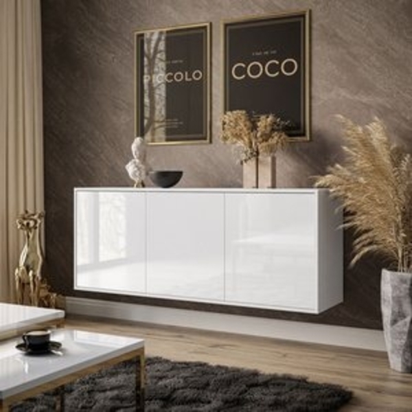 ALLHOUSE24 Kommode MANDY Dreitürige Kommode in Hochglanz Sideboard Kaschmir Weiß, Breite: 154 cm Bild 6