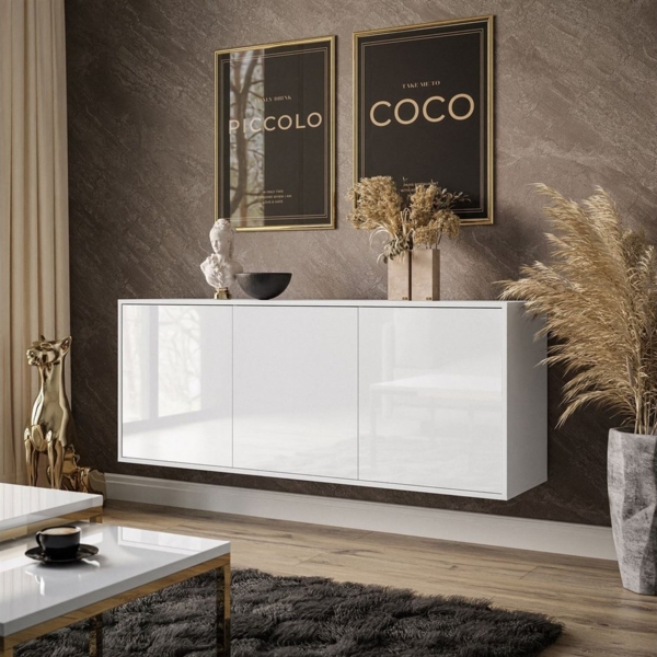 ALLHOUSE24 Kommode MANDY Dreitürige Kommode in Hochglanz Sideboard Kaschmir Weiß, Breite: 154 cm Bild 5