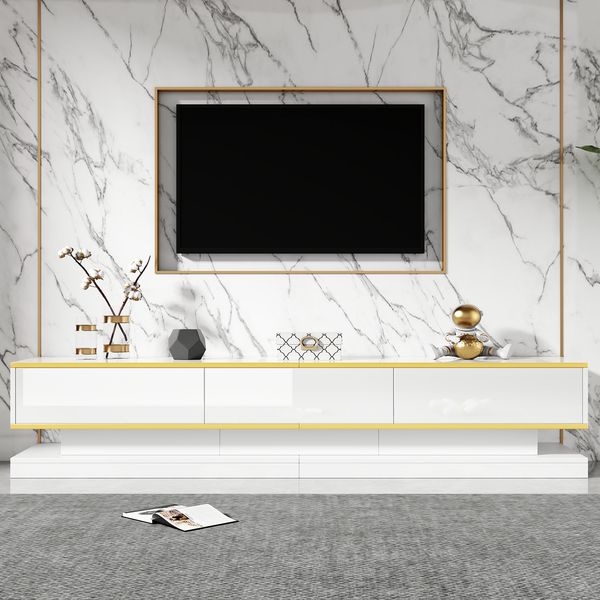 Merax 200*40*40cm Fernsehschrank, Lowboard mit 3 Schubladen, Hochglanz-TV-Ständer, Wohnzimmerschrank mit großem Stauraum, weißer TV-Tisch mit goldener Kante, Standfernsehschrank