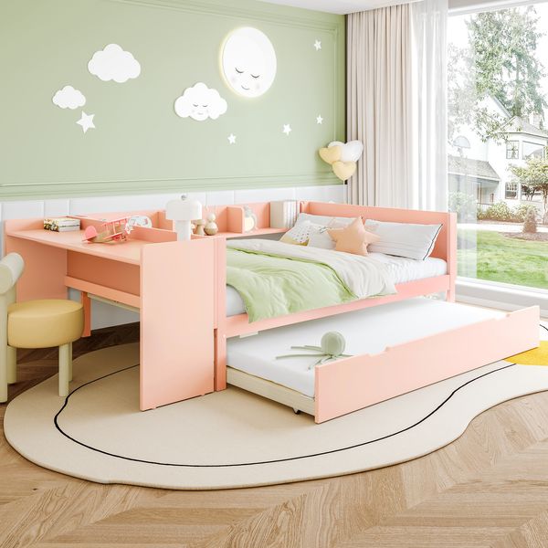 Flachbett, Holzbett, 140x200cm, mit Schreibtisch, mit Rollbett, Doppelbett Ohne Matratze, mit Regalen, Kiefer+Spanplatte, Rosa