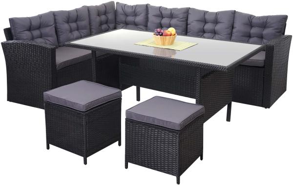 Poly-Rattan-Garnitur HWC-A29, Gartengarnitur Sitzgruppe Lounge-Esstisch-Set, schwarz ~ Kissen dunkelgrau, mit 2x Hocker