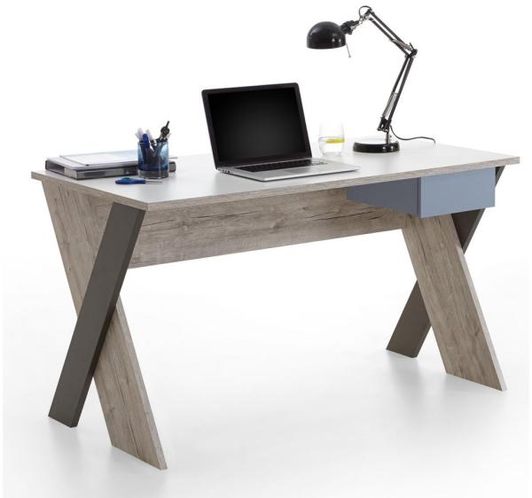 Lomadox Schreibtisch LEEDS-10, Schreibtisch Sandeiche Nb./weiß/Lava/Denim, BxHxT 135x76,4x67,5 cm